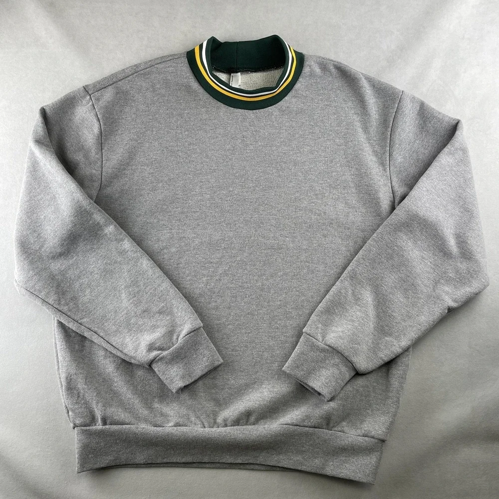 American Apparel Sweatshirt Mens L Gray Crewneck Striped Collar Cotton Blend A's